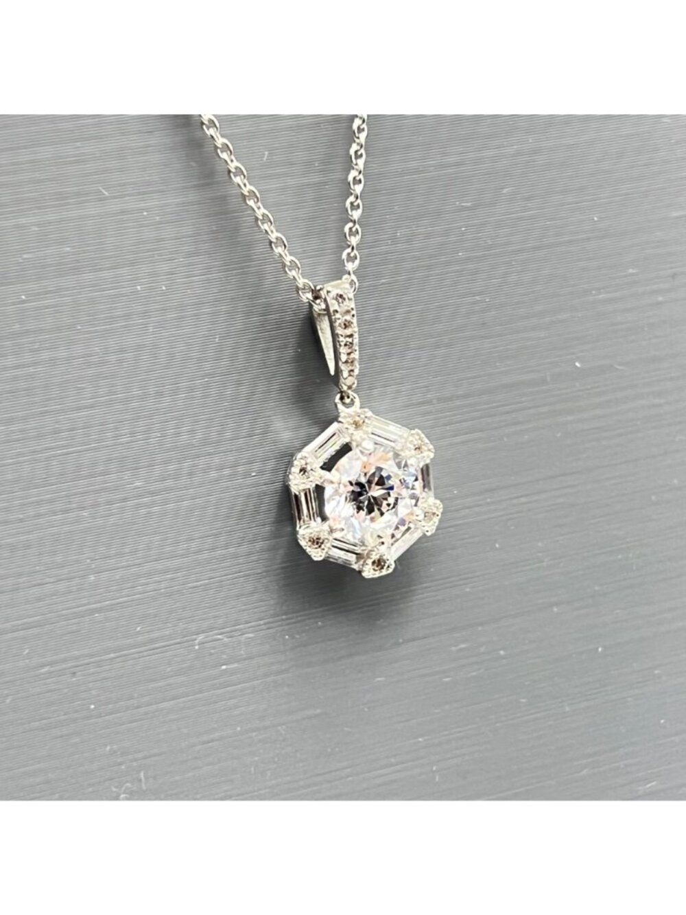Sterling Silver Jacmel Pendent Necklace JCM CZ Art Deco Halo 18" Baguette Round - Picture 2 of 12